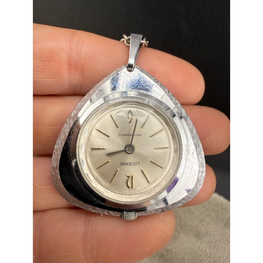 Vintage Lucerne Pocket Watch Pendant Silver Tone Winds and‎ Ticks 25"